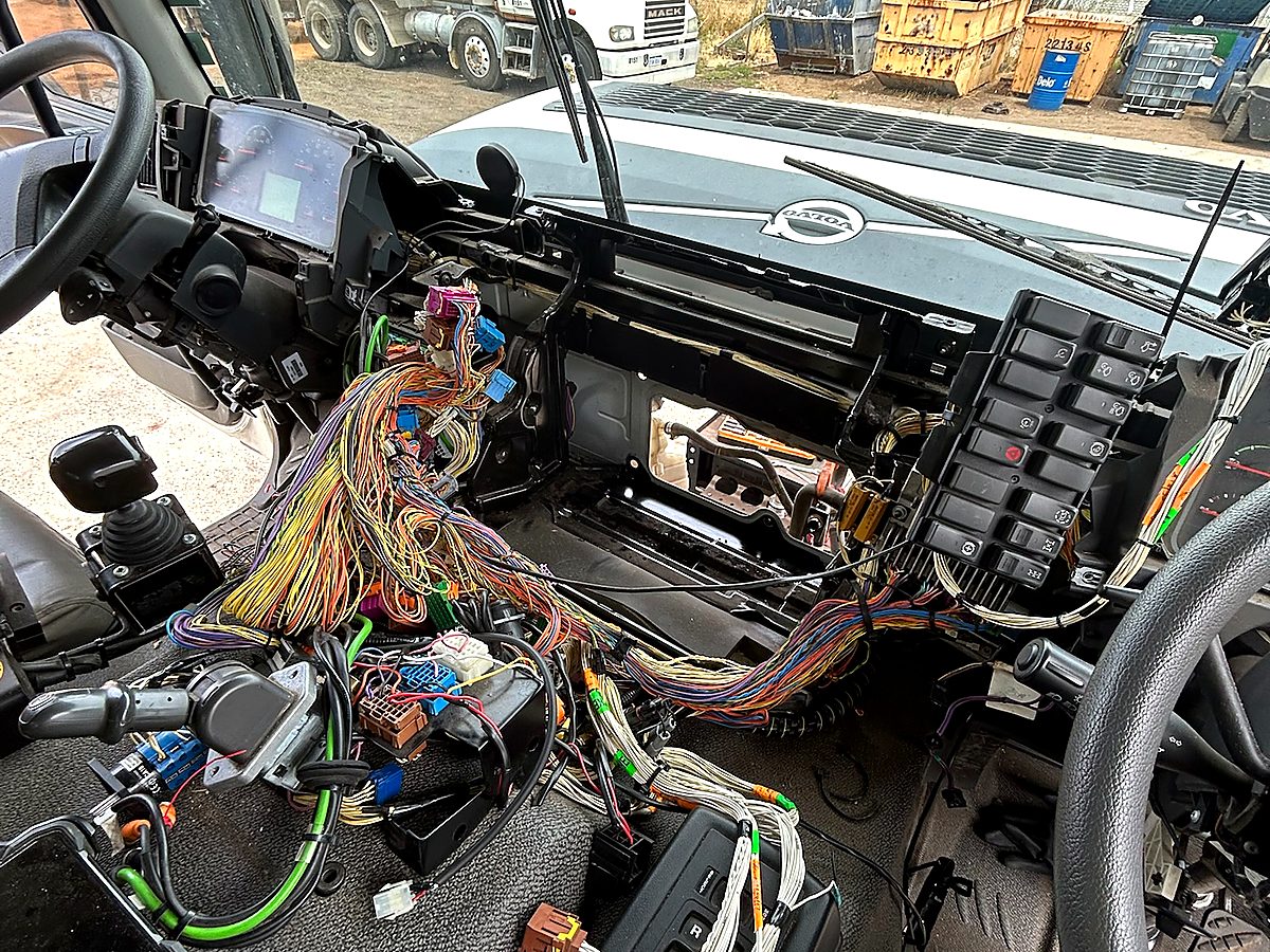 Truck cab wiring loom laid out across the dash during electrical fault-finding at Naturaliste Diesel Services
